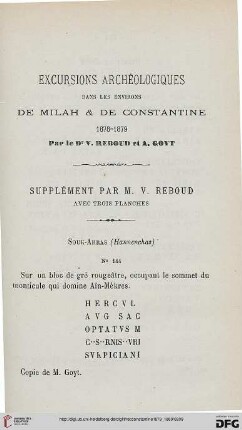 Sér. 2: Excursions archéologiques dans les environs de Milah et de Constantine 1878 - 1879, [2] : supplément par M. V. Reboud