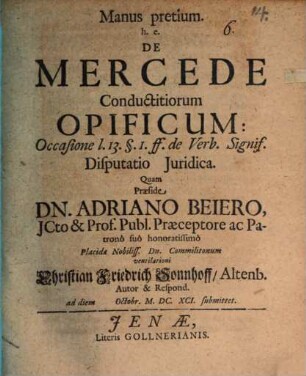 Manus pretium, hoc est de mercede conductitiorum opificum ... disputatio iuridica