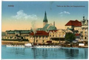 Aussig. Partie an der Elbe mit Dampfschiff-Hotel und Dampfer "Pillnitz" (1884, Werft Blasewitz)