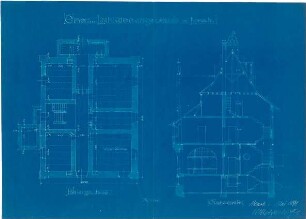 Metzendorf, Heinrich; Lorsch; Spar- und Leihkassengebäude - Grundriss Keller, Querschnitt