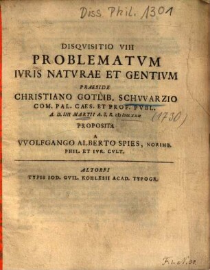 Disqvisitio VIII Problematvm Ivris Natvrae Et Gentivm