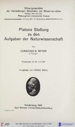 1919, 19. Abhandlung: Sitzungsberichte der Heidelberger Akademie der Wissenschaften, Philosophisch-Historische Klasse: Platons Stellung zu den Aufgaben der Naturwissenschaft