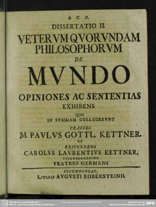 Dissertatio II. Veterum Quorundam Philosophorum De Mundo Opiniones Ac Sententias