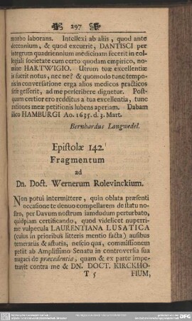 Epistolae 142. Fragmentum ad Dn. Doct. Wernerum Rolevinckium