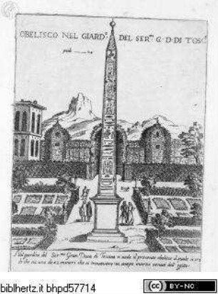 Ornamenti di Fabriche antichi et moderni dell'Alma Città di Roma; con le sue dichiaratione fatti da Bartolommeo Rossi. Ioannes Maius Romanus delineavit / Parte Seconda, Tafel (16): Obelisco nel Giard.o del Ser.mo G. D. di Tosc.a