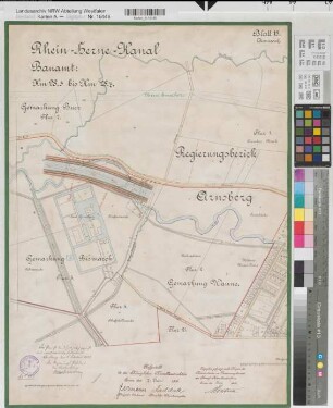 Rhein-Herne-Kanal Blatt 15 Gem. Bismarck (Gelsenkirchen) Lageplan km 28,3-28,7 1906 1 : 2500 66 x 49 Druck mit farb. Einzeichnungen Königliche Kanalbaudirektion Regierung Arnsberg