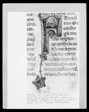 Missale monasticum mit Kalendar — Initiale A mit Madonna und Kind, Folio 148 recto