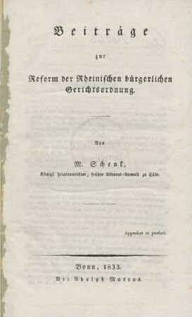 Beiträge zur Reform der Rheinischen bürgerlichen Gerichtsordnung