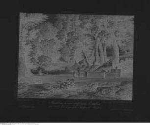 Raccolta di paesi di Gaspare Dughet detto Pussino / incisi all'acqua forte da A. Heydeck in Dessau 1849; Paris 1849, Taf. 3: Landschaft mit einem Brunnen und vier Figuren
