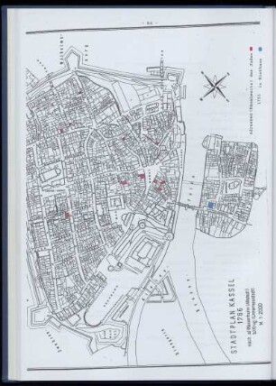 Stadtplan von Kassel mit markierten Adressen von 1751