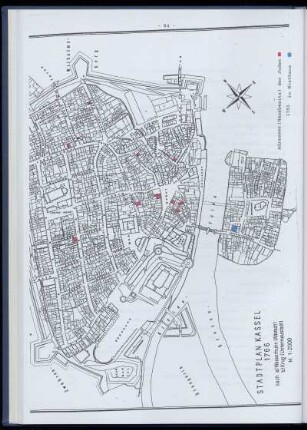 Stadtplan von Kassel mit markierten Adressen von 1751