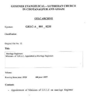 Marriage Registrars, Ministers of GELC Appointed by Marriage Regt.