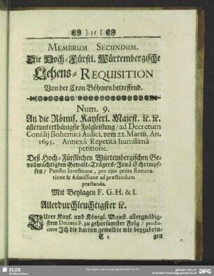 Membrum Secundum. Die Hoch-Fürstl. Würtembergische Lehens-Requisition Von der Cron Böhmen betreffend