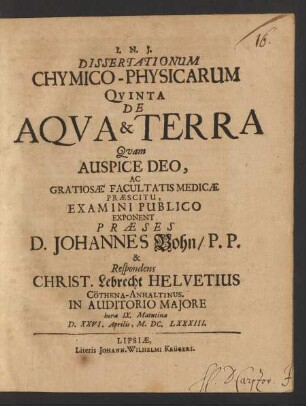 Dissertationum Chymico-Physicarum Quinta De Aqua & Terra