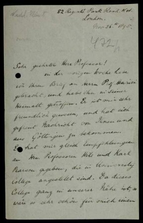 Brief von Grace Chisholm an Felix Klein, London, 26.11.1895