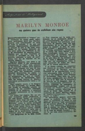Marilyn Monroe no quiere que la exhiban sin ropas : Repostería de Hollywood