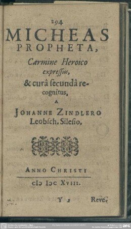 Micheas Propheta, Carmine Heroico expressus, A Johanne Zindlero