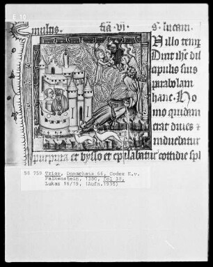 Perikopenbuch des Erzbischofs Kuno von Falkenstein: Der Reiche Mann feiert ein Fest, während der arme Lazarus vor der Pforte hungert