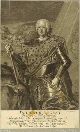 Bildnis Friedrich August Graf Rutowski, illegitimer Sohn August des Starken und kursächsischer Feldmarschall, Hüftbildnis mit Schlachtenszene im Hintergrund