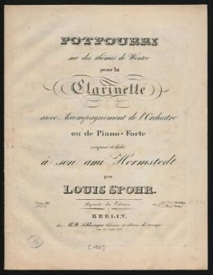 Potpourri sur des thêmes [!] de Winter : pour la Clarinette avec Accompagnement de l'Orchestre ou de Piano-Forte ; Oeuv. 80