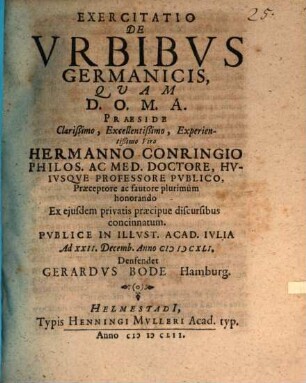 Exercitatio De Vrbibvs Germanicis