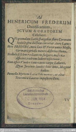 Ad Henericum Frederum Dantiscanum, Ictum & Oratorem Celeberr.