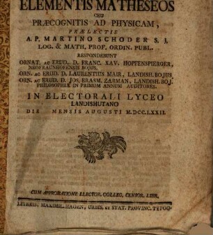 Materia tentaminis publici ex elementis matheseos ceu praecognitis ad physicam