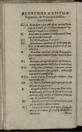 Elenchus Capitum sequentis, de Principis Institutione, Libri