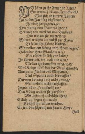 NV hoeret zu jhr Arm vnd Reich/ || Ein newes Lied aus Franckreich/ ||