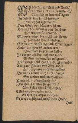 NV hoeret zu jhr Arm vnd Reich/ || Ein newes Lied aus Franckreich/ ||