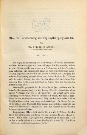 Mitteilungen aus der Zoologischen Station zu Neapel : zugl. e. Repertorium für Mittelmeerkunde. 7. 1886/87