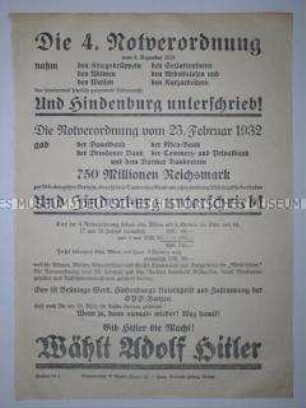Propagandaflugblatt der NSDAP zu den Reichspräsidentenwahlen 1932 mit scharfer Polemik gegen die Notverordnungen
