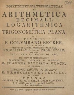 Positiones mathematicae ex arithmetica decimali, logarithmica et trigonometria plana