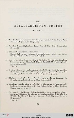 VIII. Metallarbeiten, Lüster (Nr. 140-157)