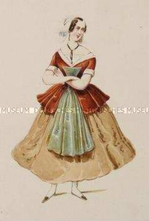 Frau im hellbraunen Rock mit rotbraunem Oberteil und grüner Schürze - Tafel aus Franceschini/Kostümbilder (Kassette 2)