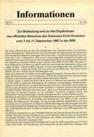 Parteiinformation der SED zum Staatsbesuch von Erich Honecker in der BRD