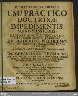 Dissertatio Inauguralis De Usu Practico Doctrinae De Impedimentis Manumissionis