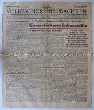 Titelblatt der Tageszeitung "Völkischer Beobachter" u.a. zu einer Rundfunk-Rede von Goebbels über die Kriegslage