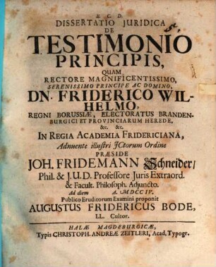 Dissertatio Juridica De Testimonio Principis