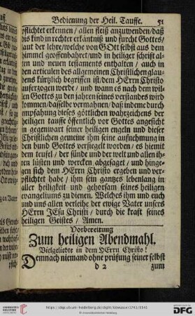 Vorbereitung zum heiligen Abendmahl
