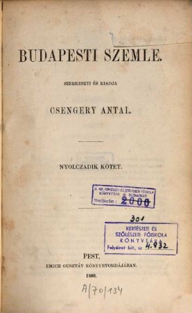 Budapesti szemle : a Magyar Tud. Akadémia megbízásából, 8. 1860