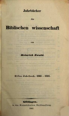 Jahrbücher der biblischen Wissenschaft. 11. 1860/61
