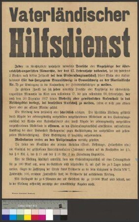 Aufforderung zur Anmeldung und Registrierung zum Vaterländischer Hilfsdienst im Herzogtum Braunschweig