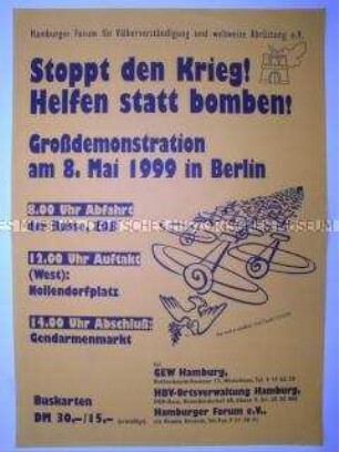 Maueranschlag mit dem Aufruf zu einer Demonstration gegen den NATO-Angriff auf Jugoslawien