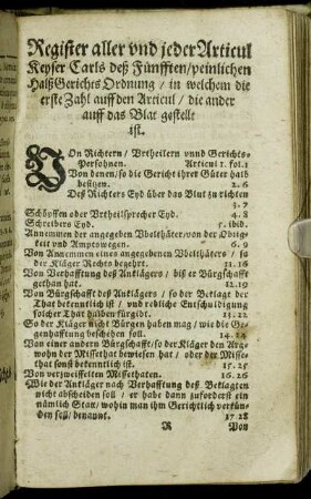 Register aller und jeder Articul Keyser Carls deß fünfften/ peinlichen HalßGerichts Ordnung [...]