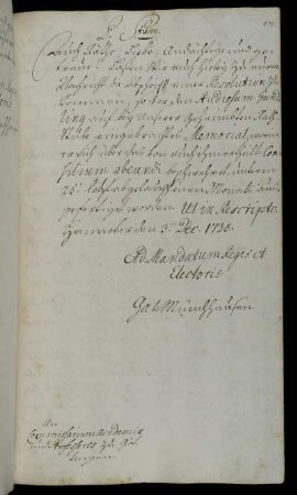 Übersendung der Abschrift des Memorials des Studenten Gundling aufgrund seines Concilium Abeundi [Anlage fehlt].