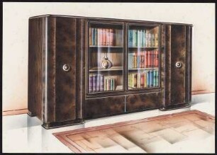 Bücherschrank, außen zwei durchgehende Türen, Mitte: unten zwei geschlossene Türen, Oben: dreietagig mit zwei Glastüren, geschweifte Fronten, Deko