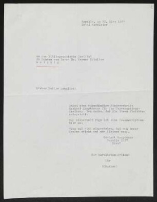 Brief von Erhart Kästner an Werner Schultze an Bibliographisches Institut 