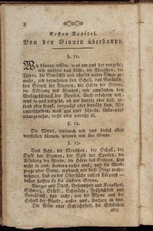Erstes Kapitel. Von den Sinnen überhaupt. - Zweites Kapitel. Von den äußeren Sinnen inbesondere.
