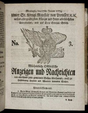 No. 3. Montags, den 17ten Januar 1774